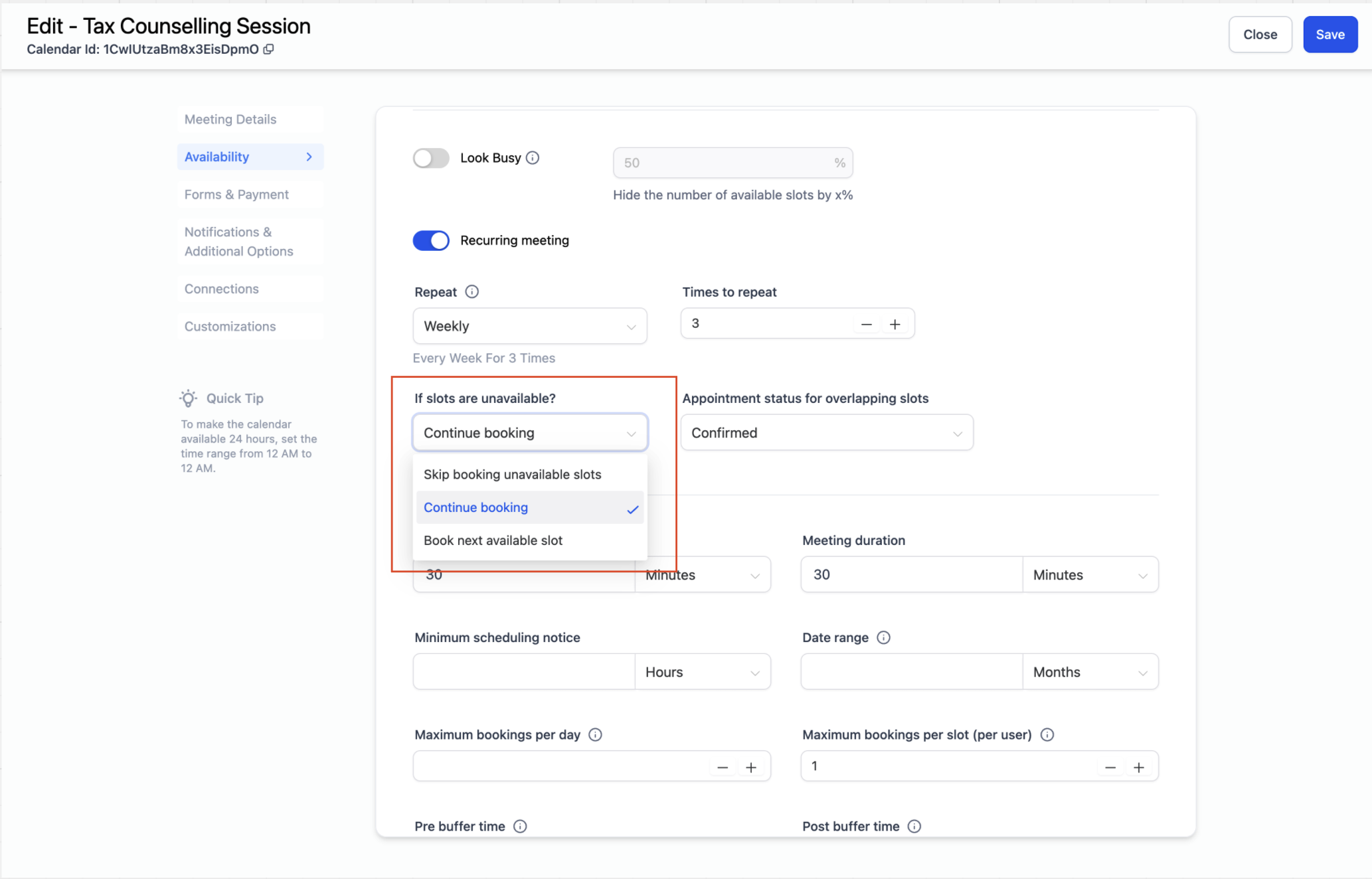 Recurring Appointments – Handling Unavailable Slots: