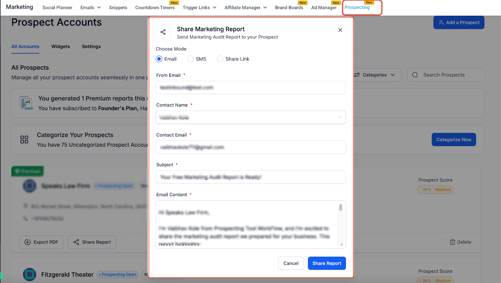 Send Marketing Audit Reports to Prospects (Email, SMS & Link Guide) – Choose or Create a Contact