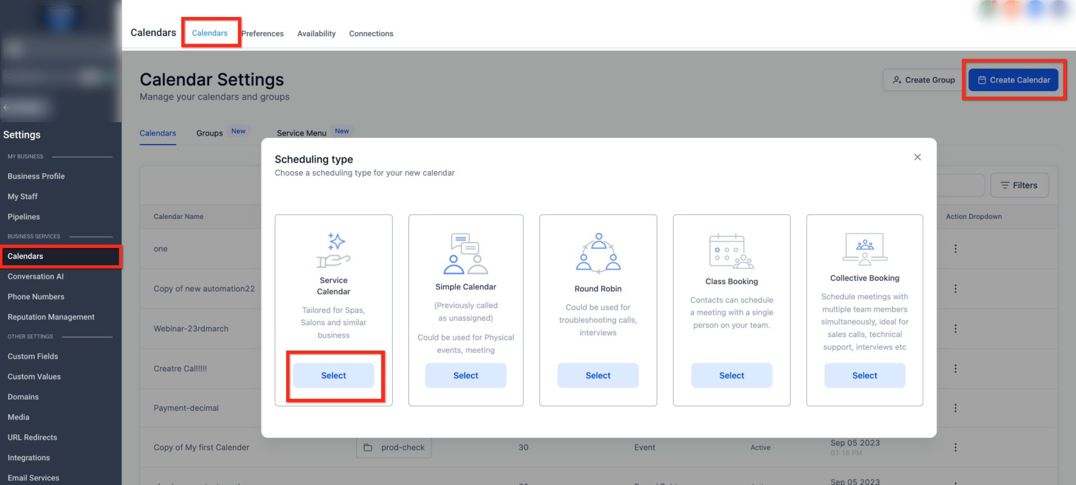 Creating a New Service Calendar