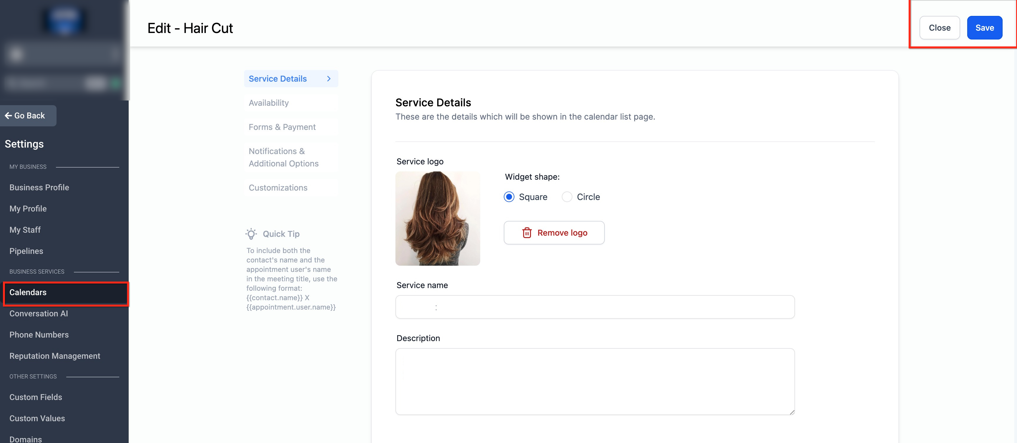 Service Calendar – Organizing Services into Categories