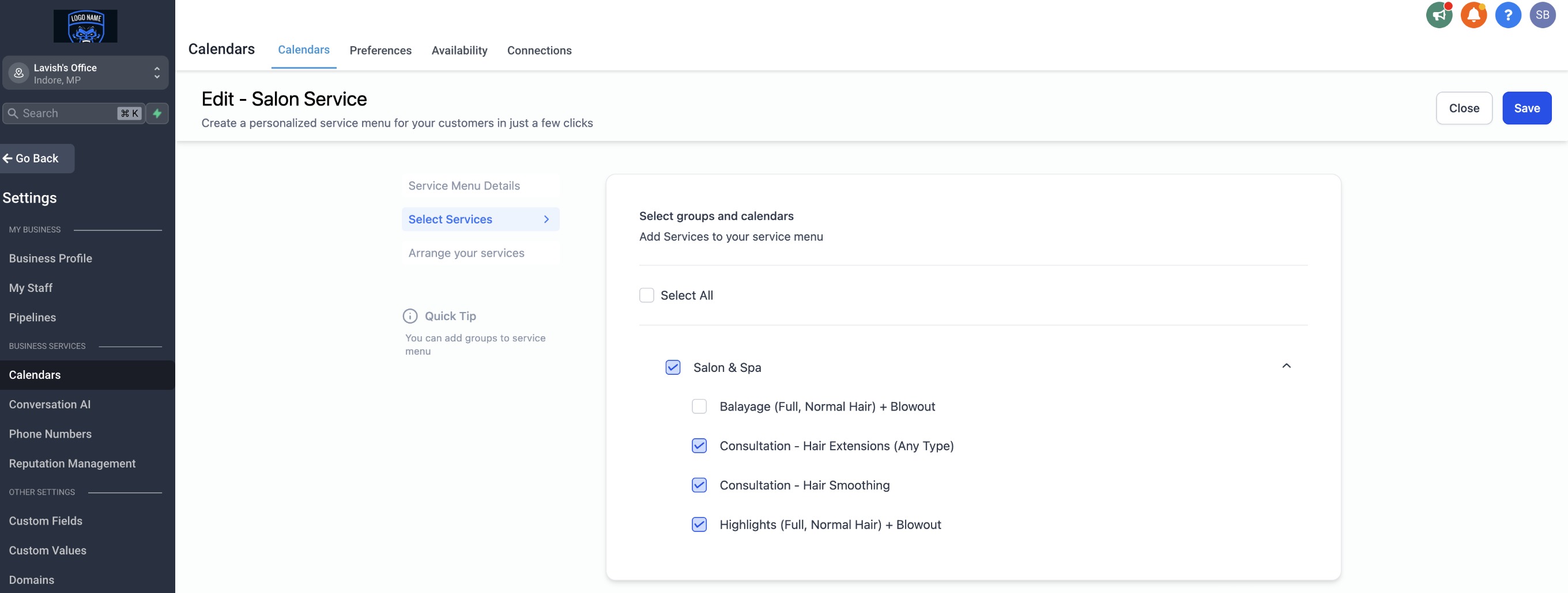 Service Menu – Step 4: Select & Arrange your Services
