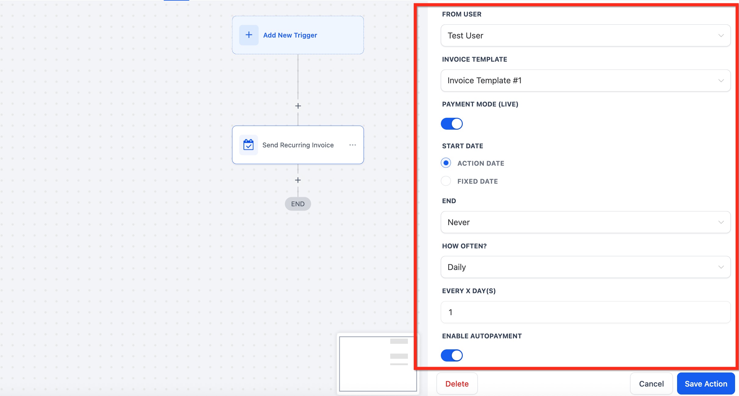 Set Up Automatic Recurring Invoices Step-by-Step – Search for Send Recurring Invoice and select it to add it to your workflow.