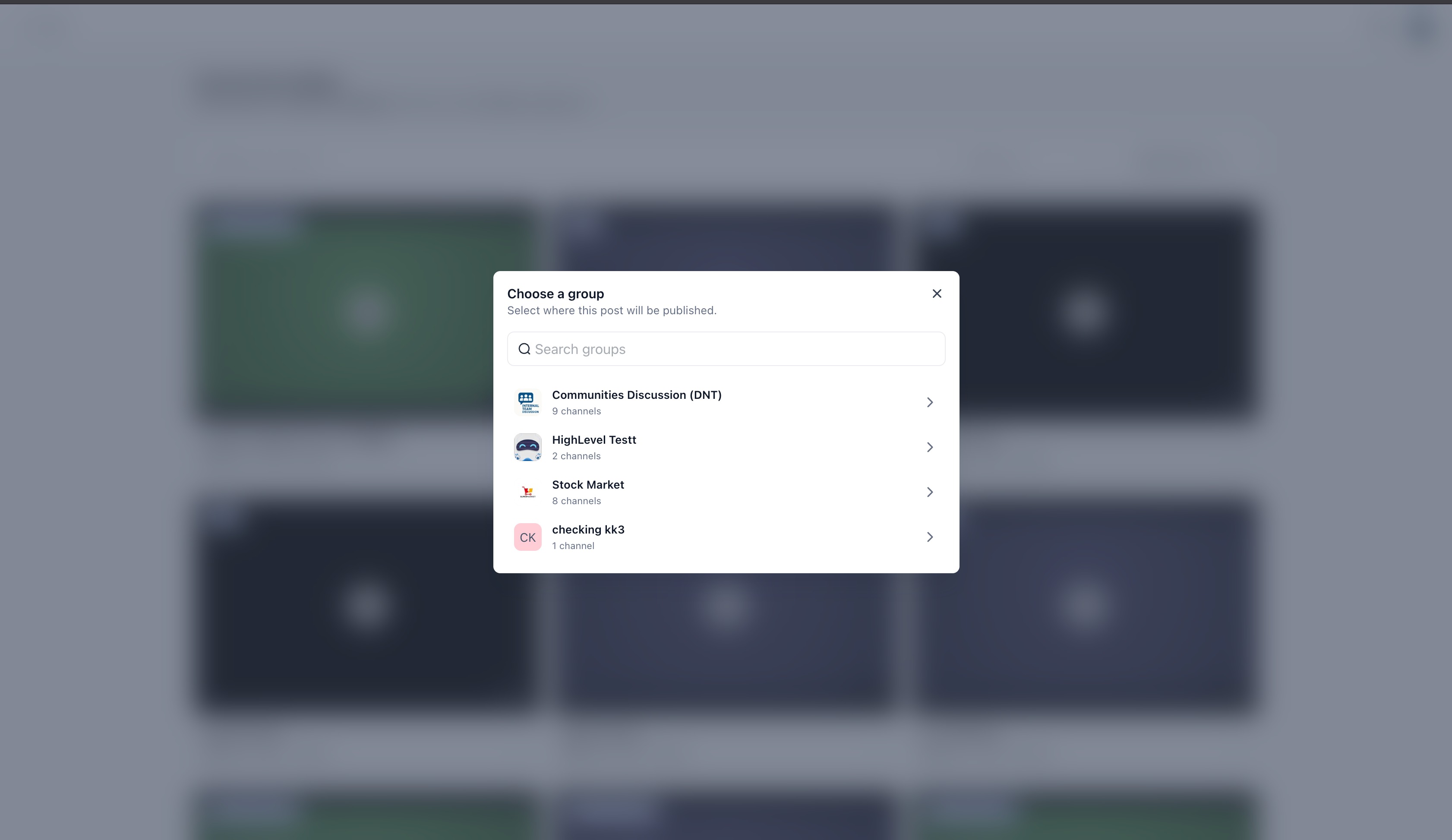 Share Meeting Recordings as Community Posts – Community selection window for sharing a meeting recording