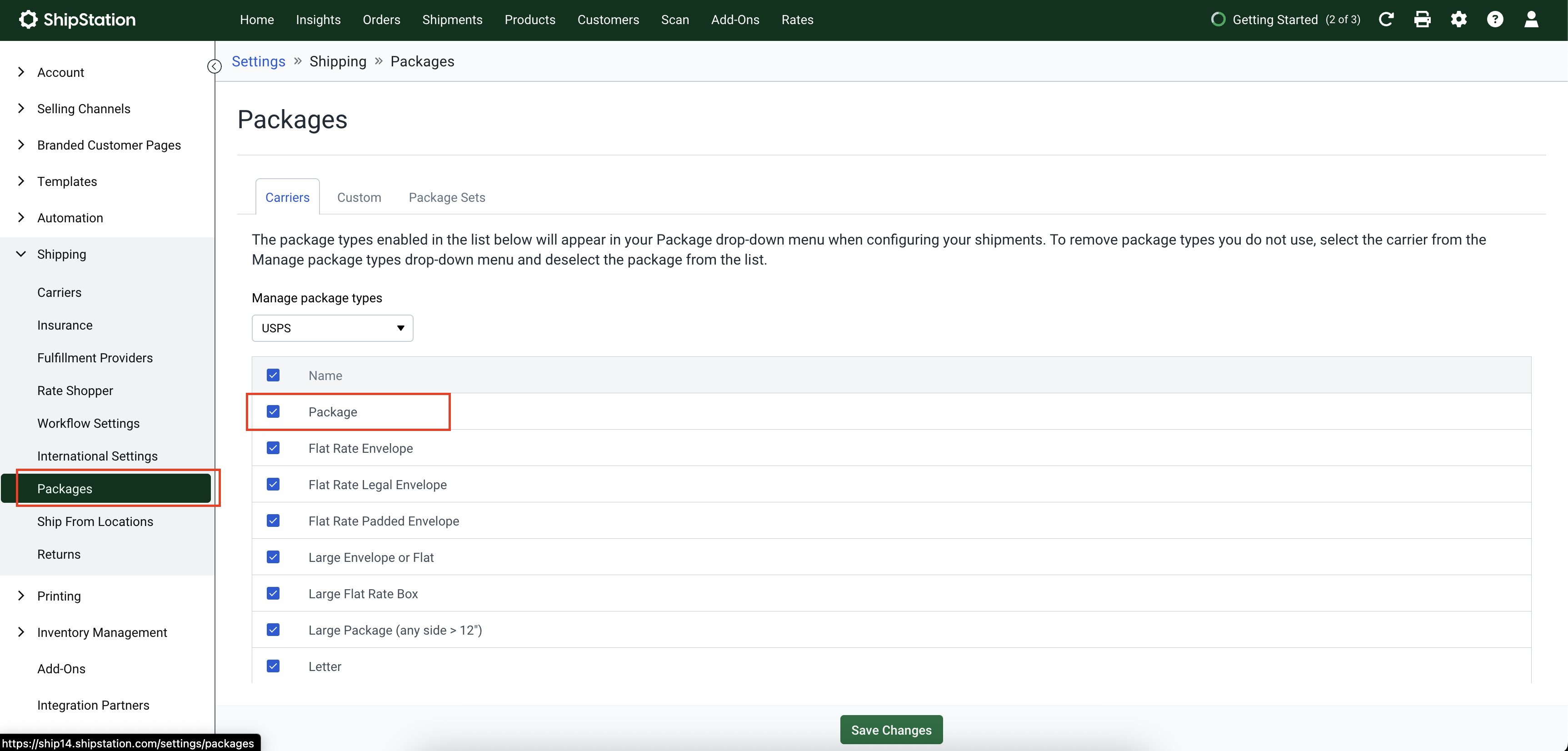 Shipstation Setup Checklist – 2. Enable ‘Package’ for All Active Carriers