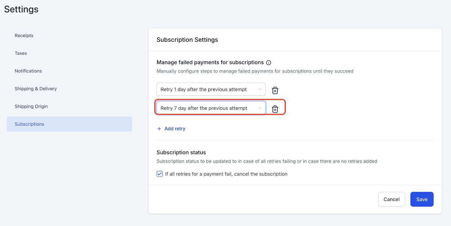 Subscription Failed Payment Retry Settings Explained – → Add multiple retries (up to 3) based on your needs.