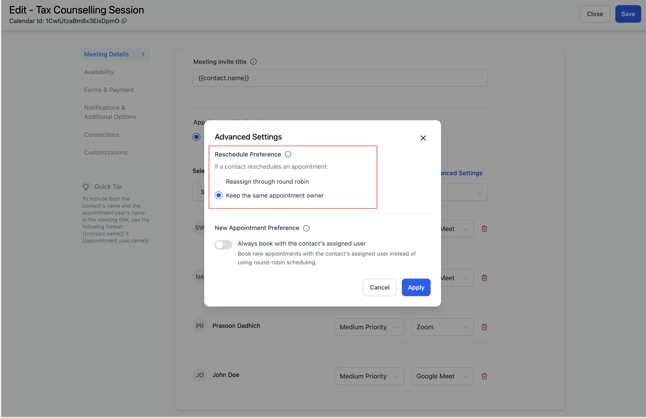 Team Member Assignment (Round Robin Calendar) – Reschedule Preference