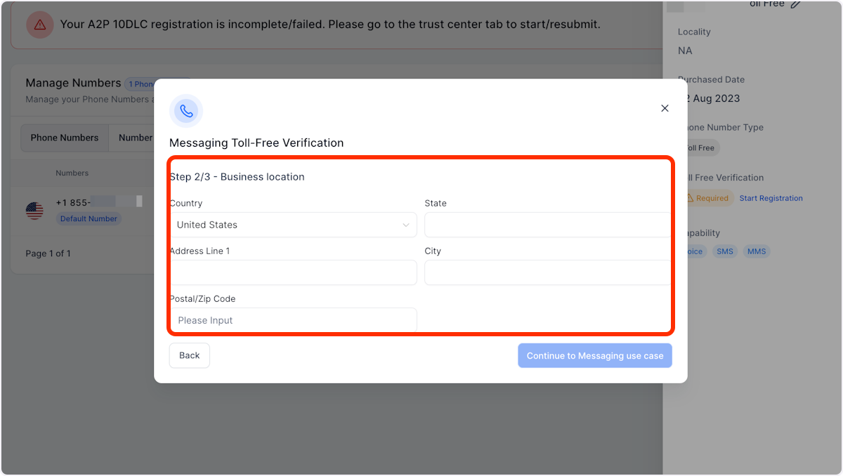 Toll-Free Verification Guide for LC – Phone (US/Canada) – Click on Step 2/3 - Business location…