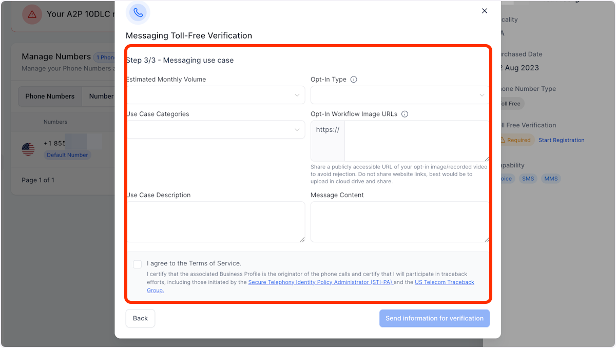 Toll-Free Verification Guide for LC – Phone (US/Canada) – Click on Step 3/3 - Messaging use case…
