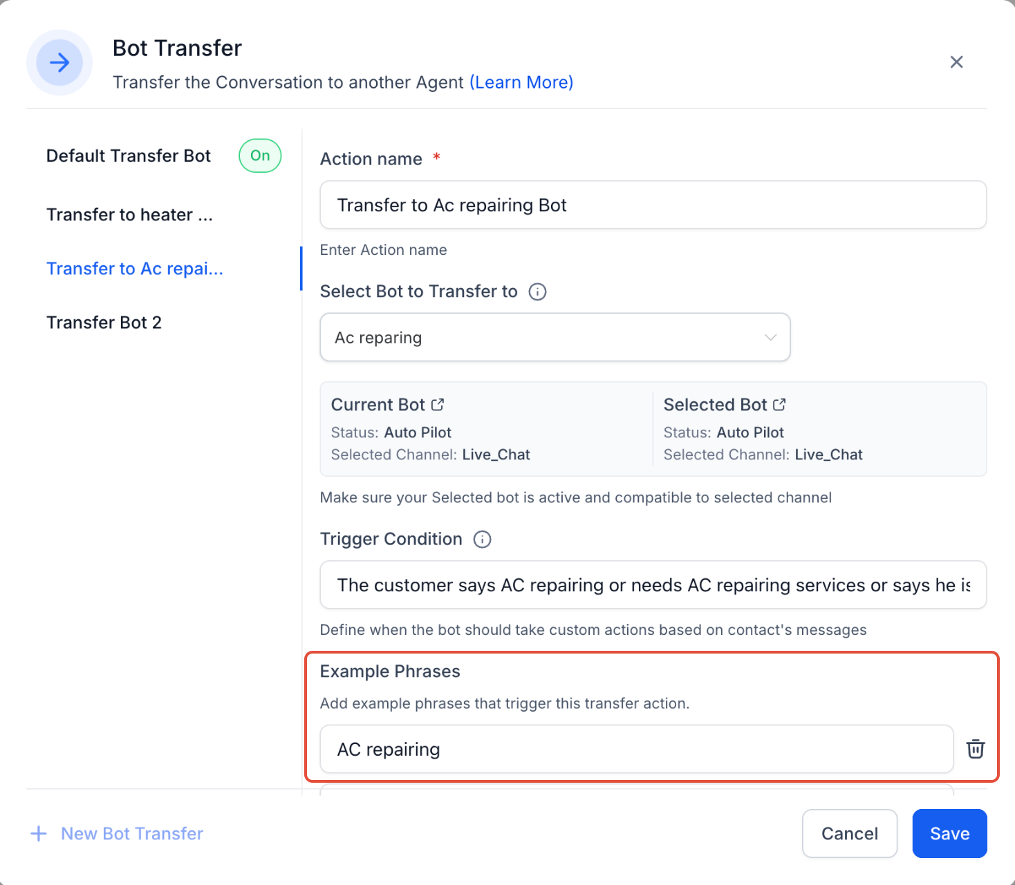 Transfer Bot Action – Add Example Phrases