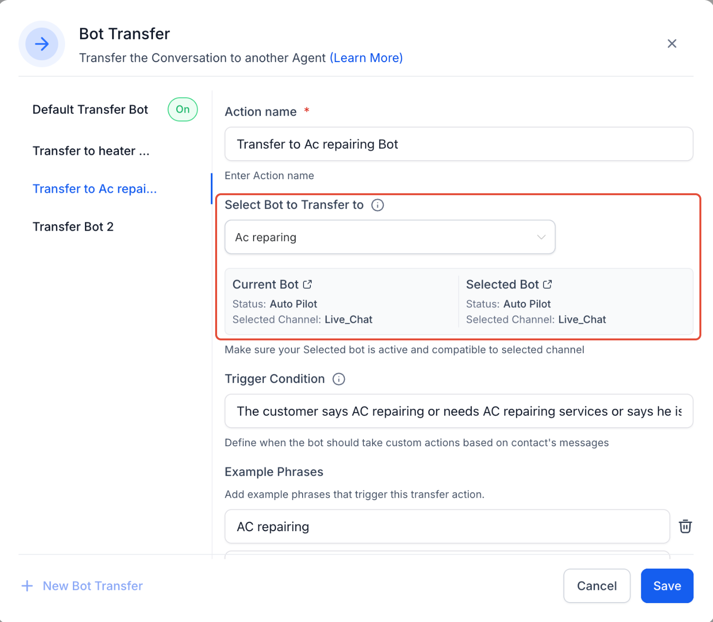 Transfer Bot Action – Select the Destination Bot