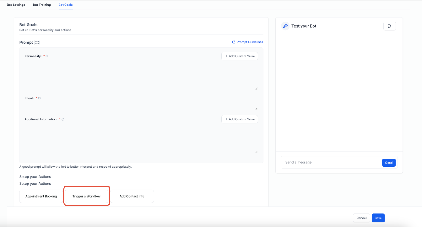 Trigger a Workflow from AI Conversations (Bot Goals Guide) – Opening Trigger a Workflow Settings