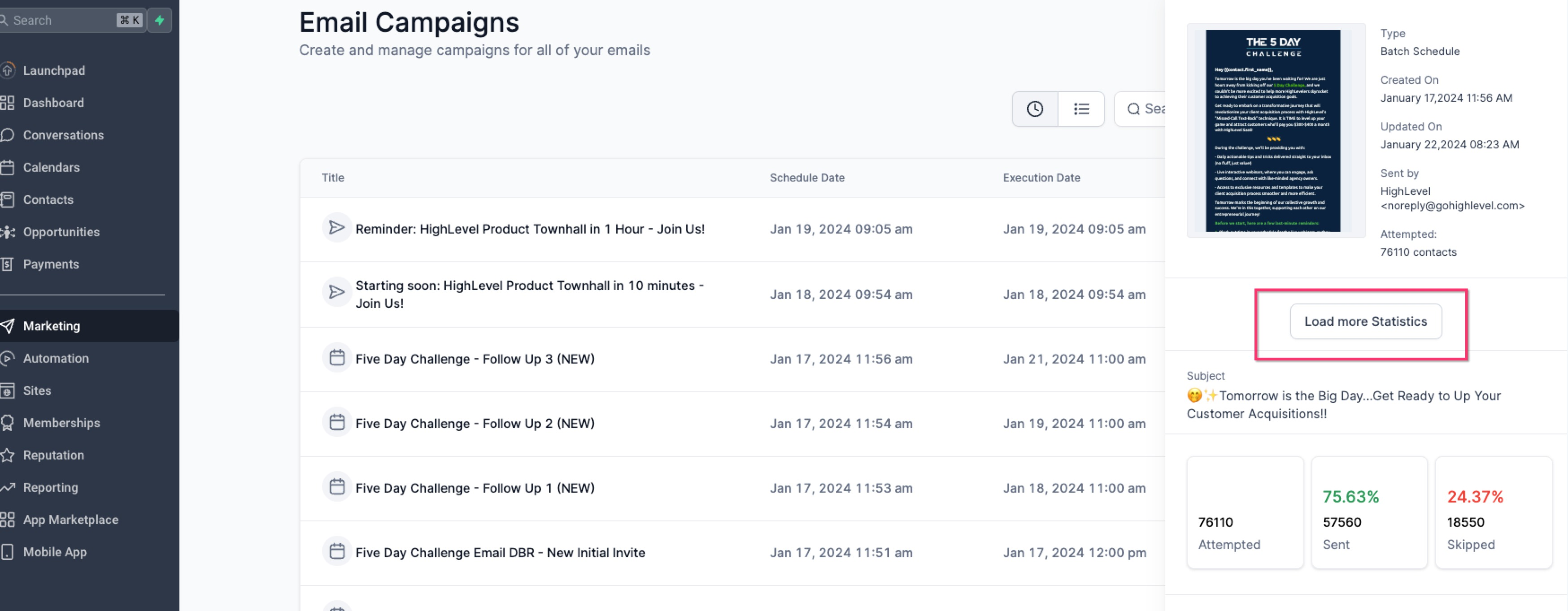 Understanding Conversion Metrics for Tracking Email Campaigns – Click the "three dots" icon to the right of the campaign and select "Statistics."