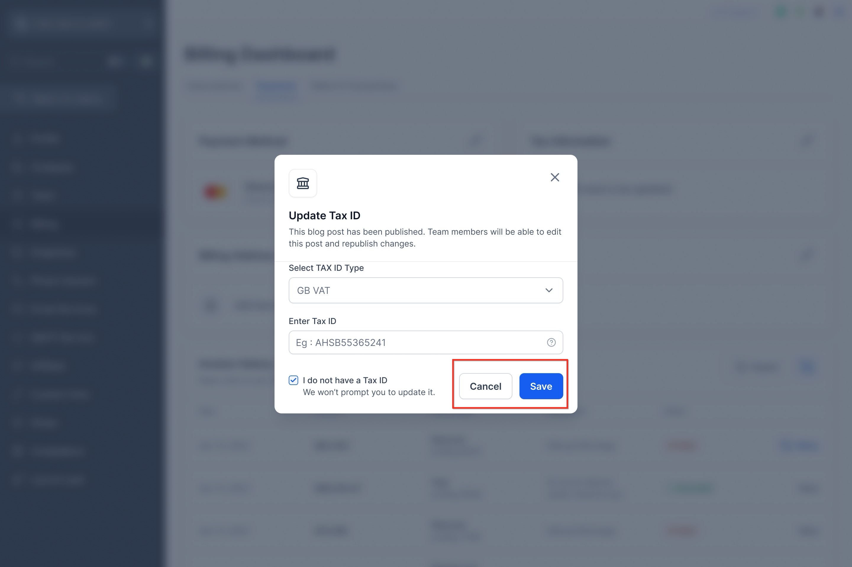 Update Your Tax ID in Billing Settings (VAT & Global Tax ID Guide) – Step 3: Enter Tax Details