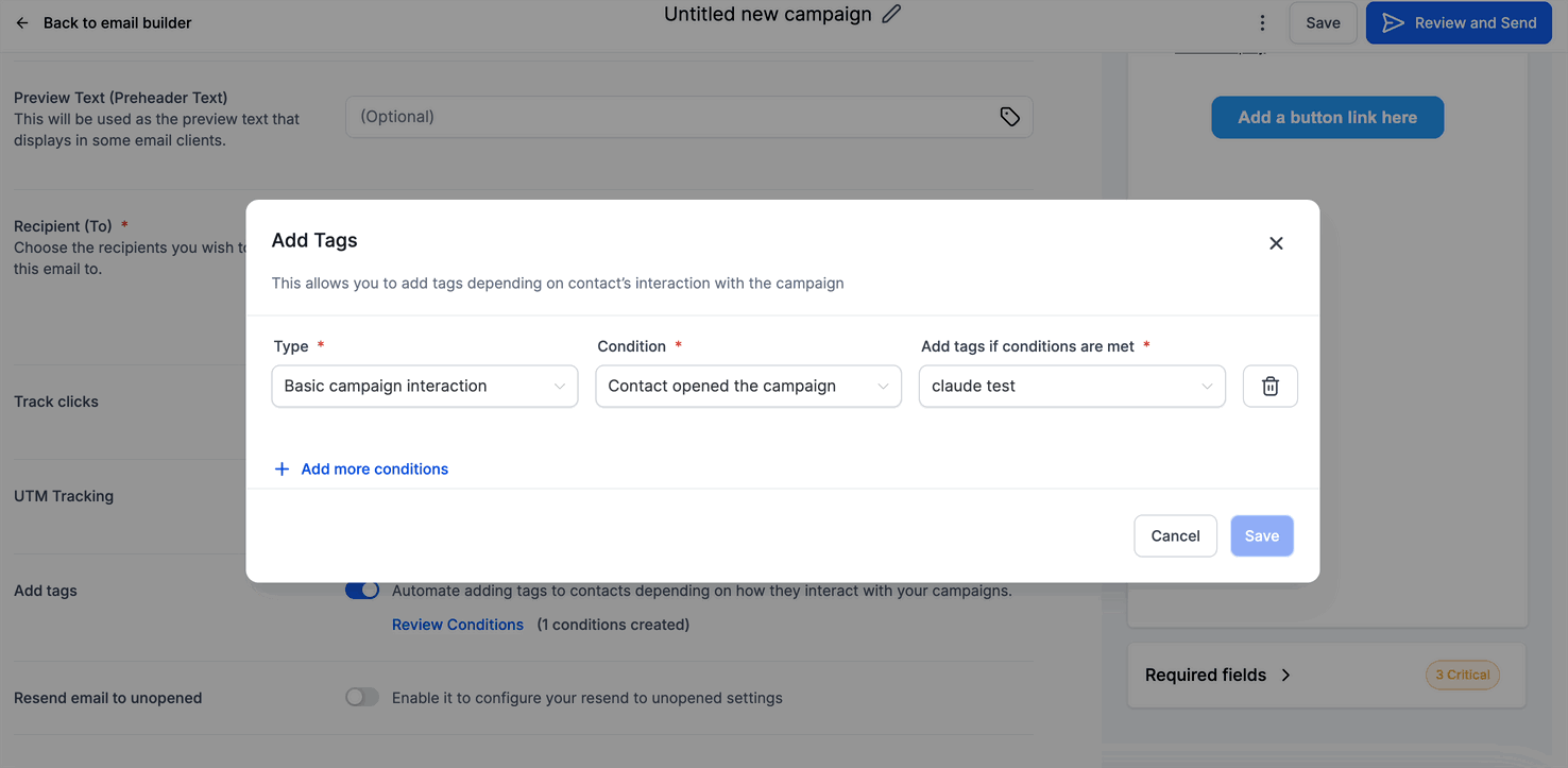 Using “Add Tags” in the Send or Schedule Page: Email Campaigns – Step 3: Enable the Automate option to Add Tags