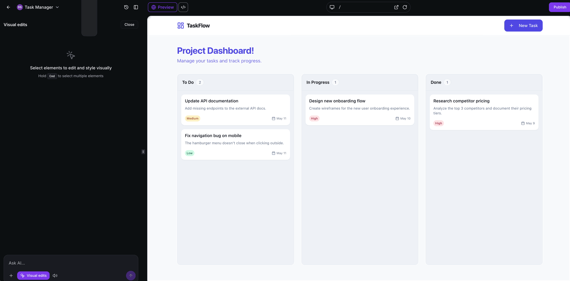 Visual Edits in AI Studio – Click to Select to Open Visual Controls