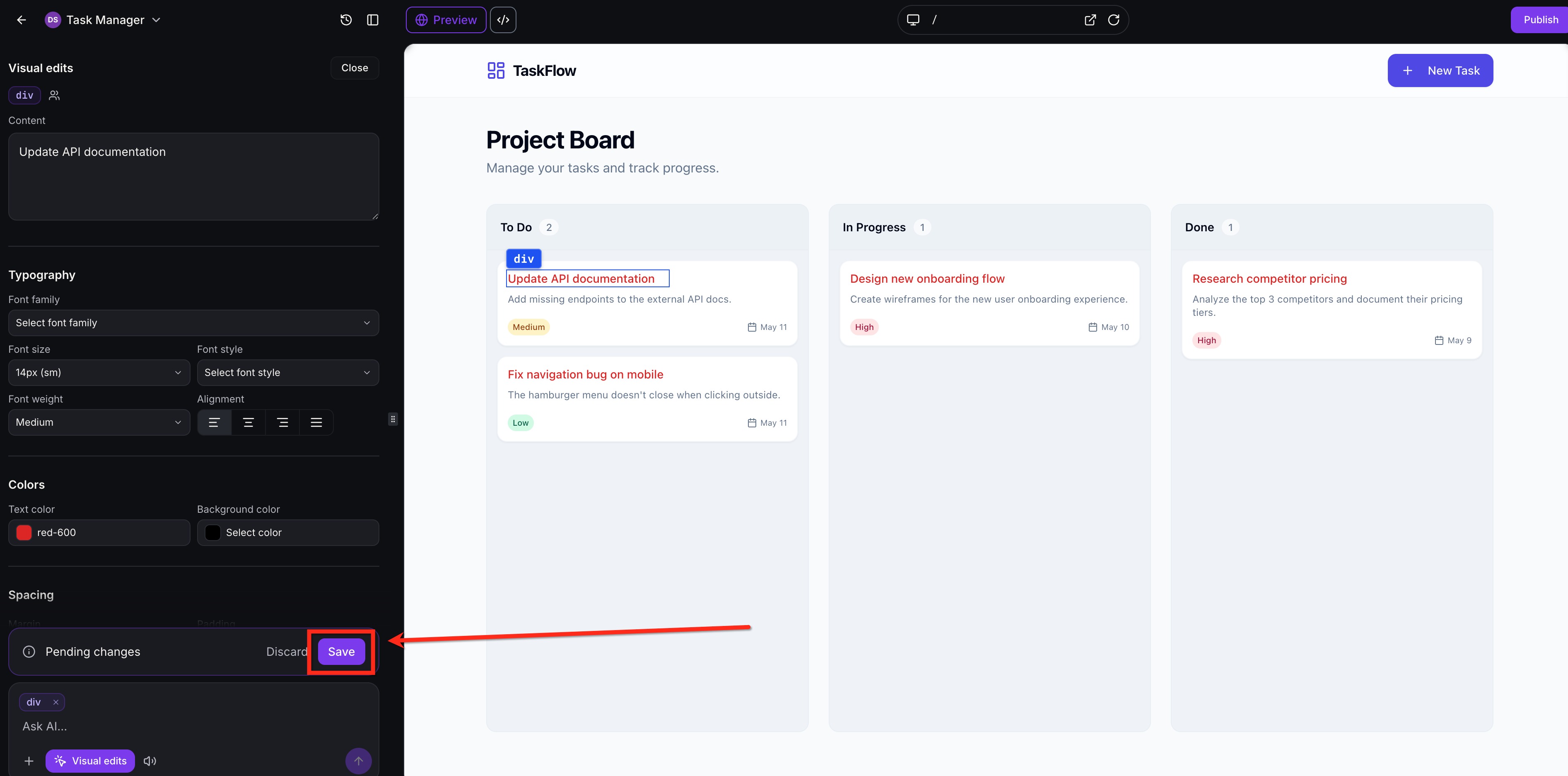 Visual Edits in AI Studio – Saving or Discarding Visual Edits