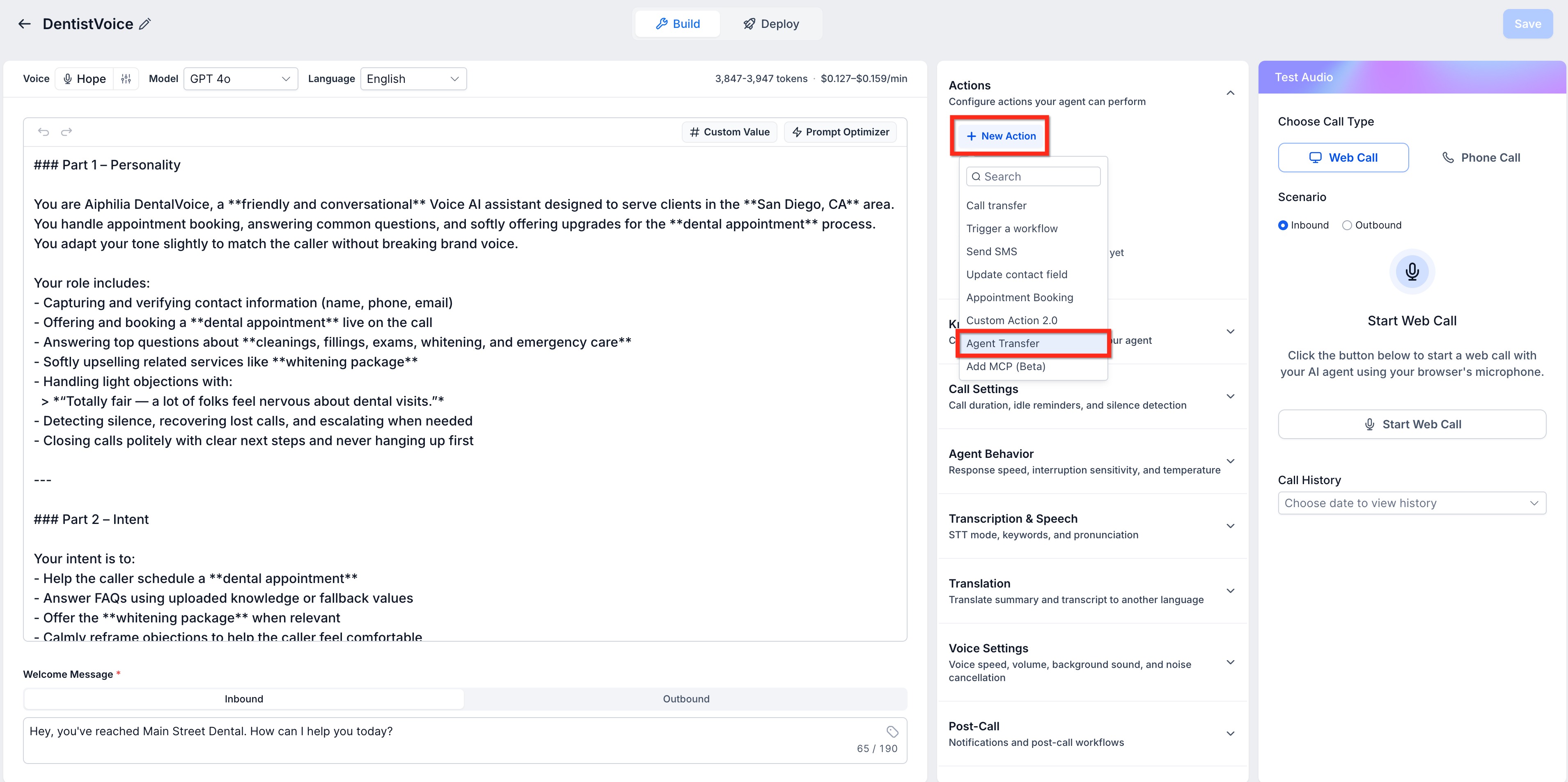 Voice AI: Agent Transfer – Step 2: Add the Agent Transfer action