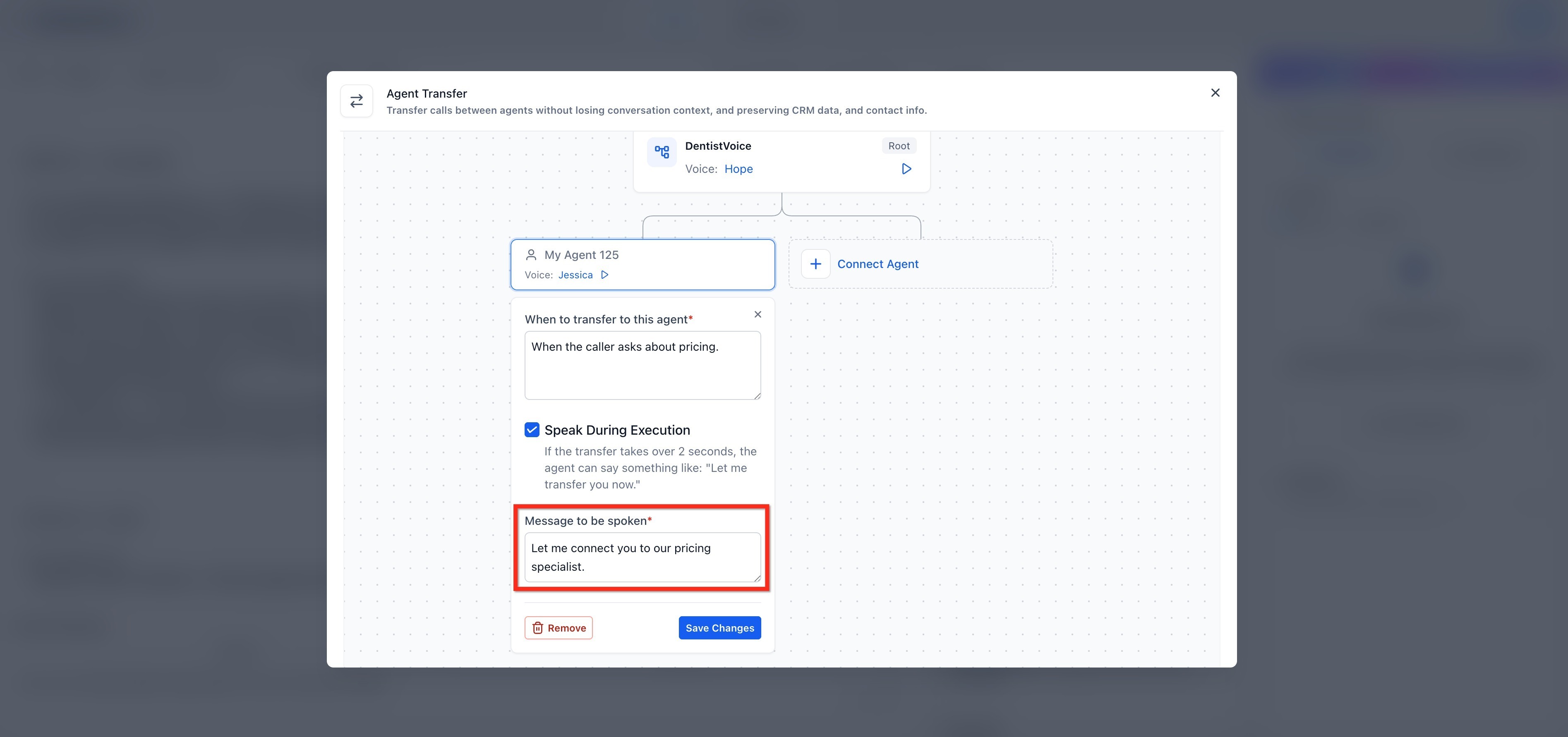 Voice AI: Agent Transfer – Step 5: Configure the optional handoff message