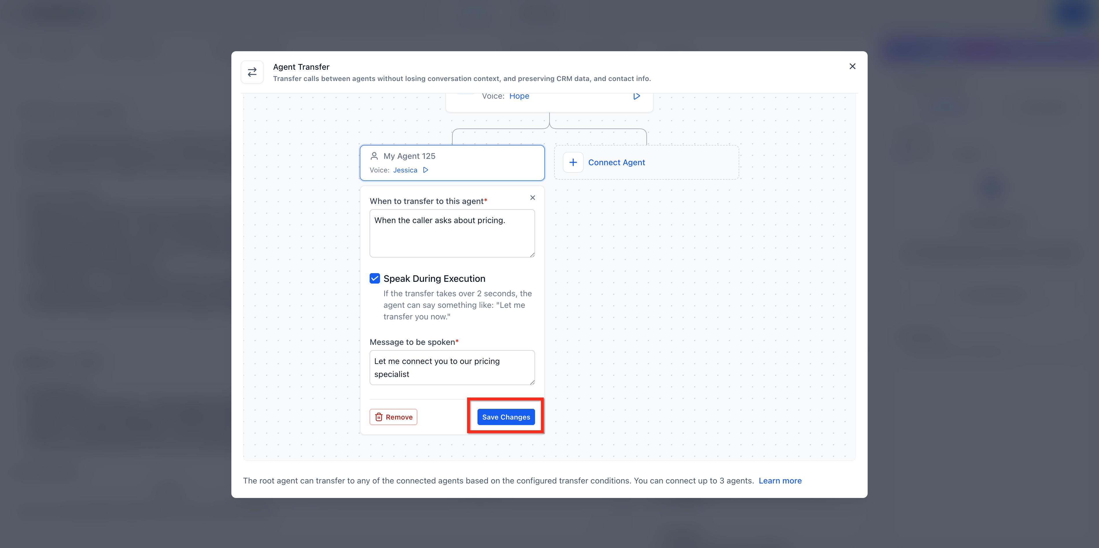 Voice AI: Agent Transfer – Step 8: Save and test the transfer