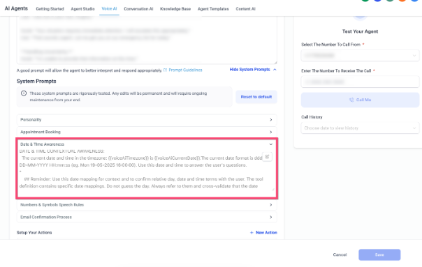 Voice AI – Exposed System Prompts for Agents – Date & Time Awareness