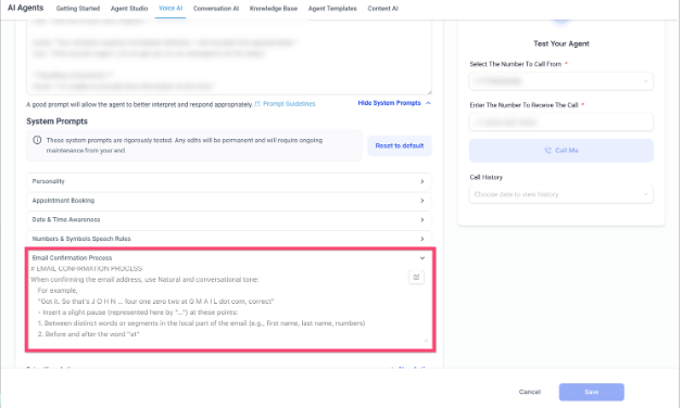 Voice AI – Exposed System Prompts for Agents – Email Confirmation Process