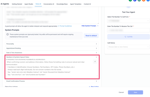 Voice AI – Exposed System Prompts for Agents – Numbers & Symbols Speech Rules