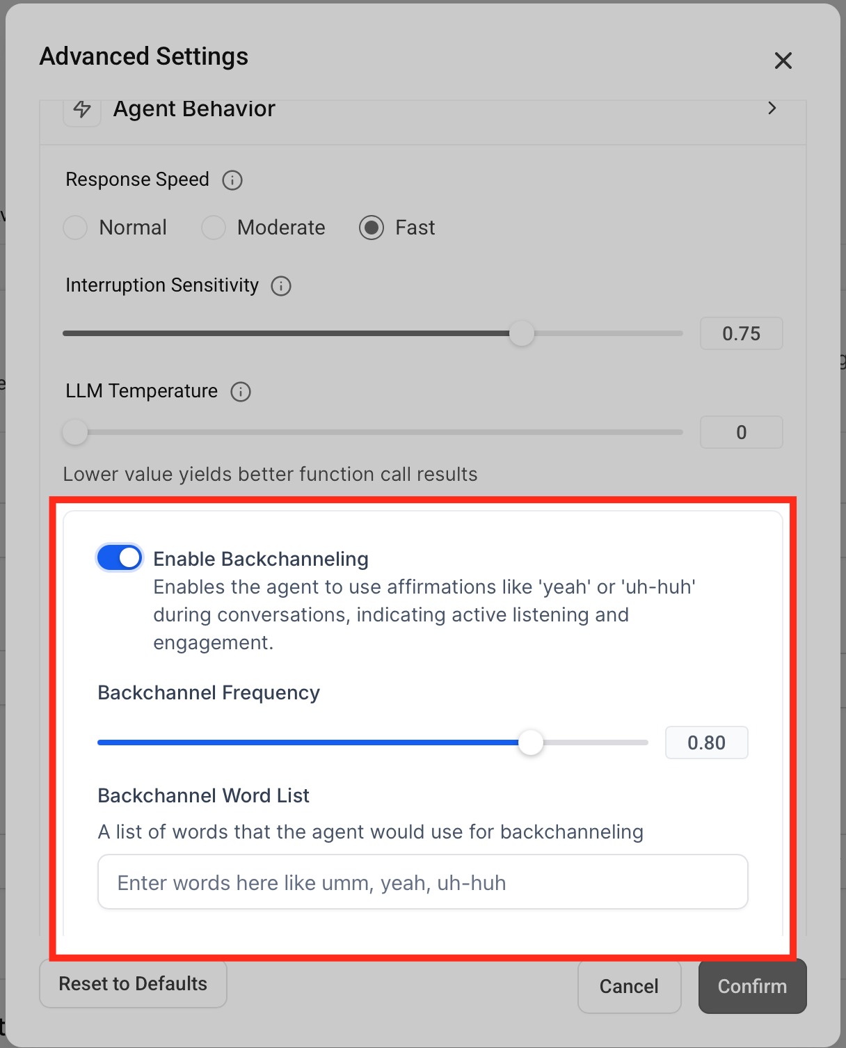 Voice AI : Noise Cancellation & Backchanneling – Backchanneling Settings