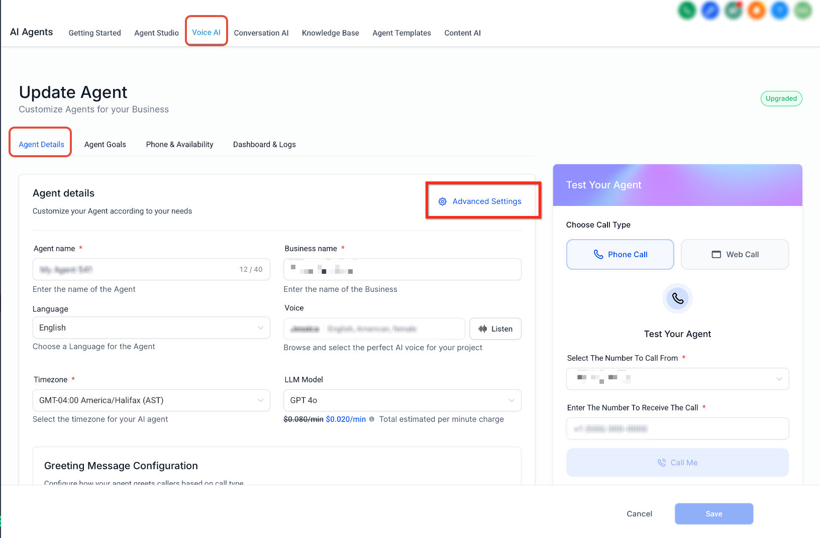 Voice AI : Noise Cancellation & Backchanneling – Configure an Agent