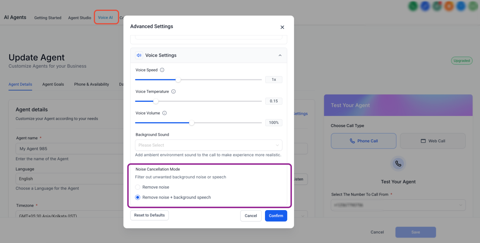 Voice AI : Noise Cancellation & Backchanneling – Configure an Agent