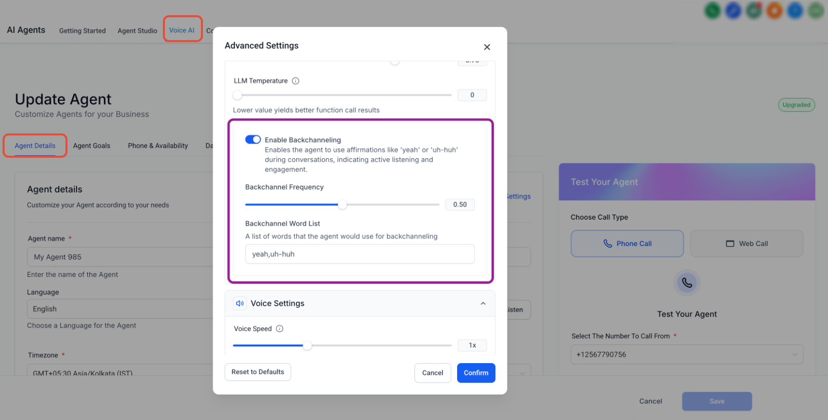 Voice AI : Noise Cancellation & Backchanneling – Configure an Agent