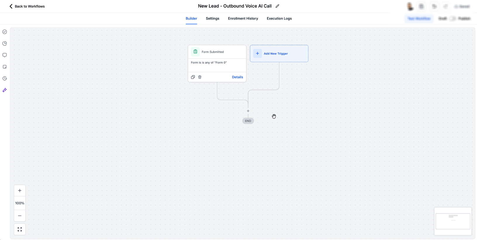 Voice AI Outbound Calling – Workflow builder showing where to add the Voice AI Outbound Call action