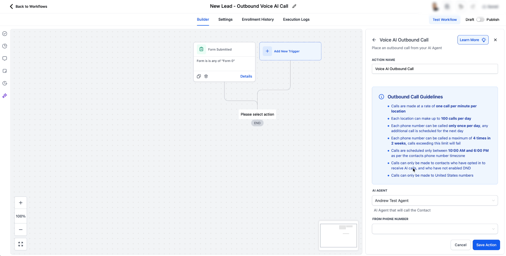Voice AI Outbound Calling – Voice AI Outbound Call configuration panel