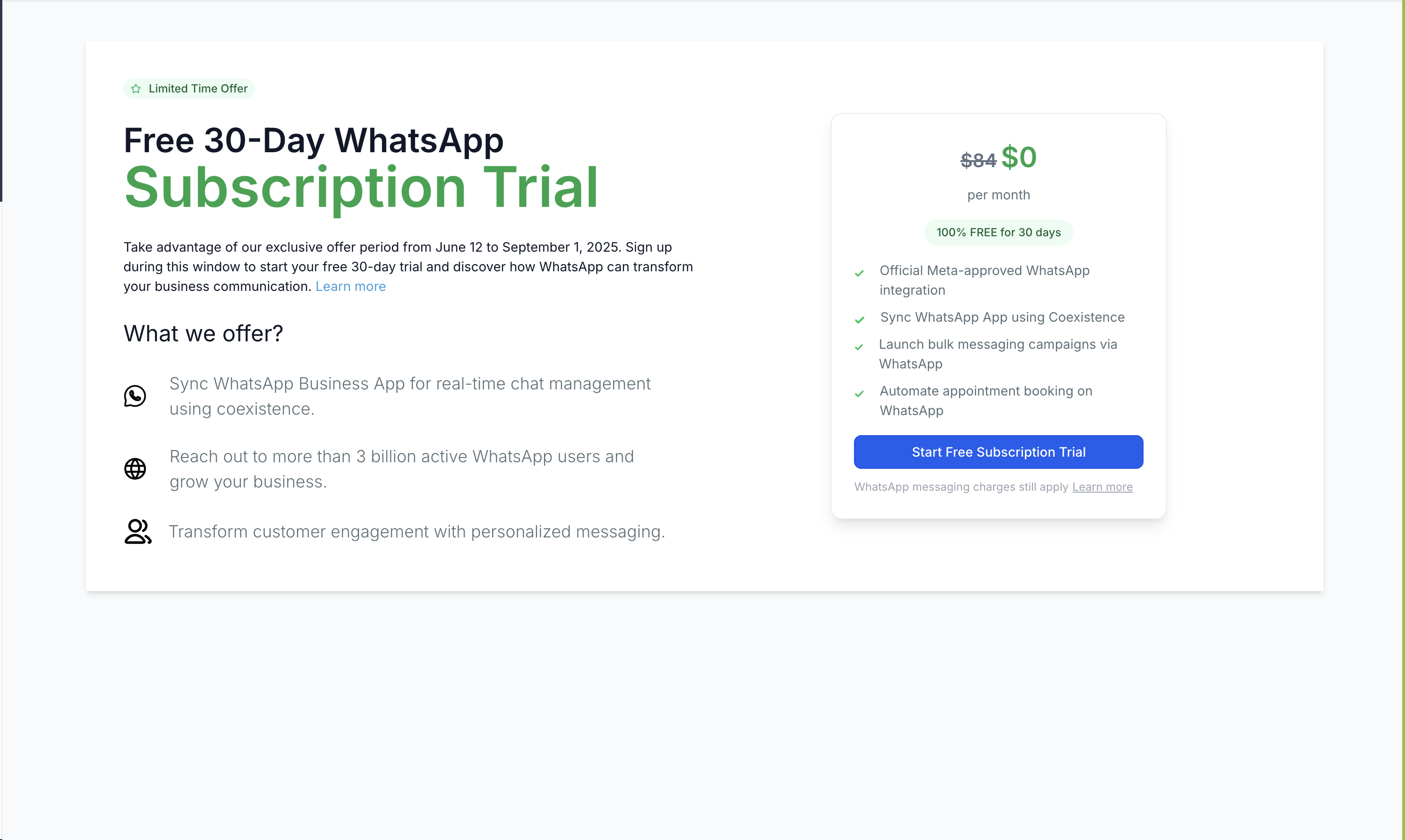 WhatsApp 30 Days Free Subscription Trial Promotion – Screenshot