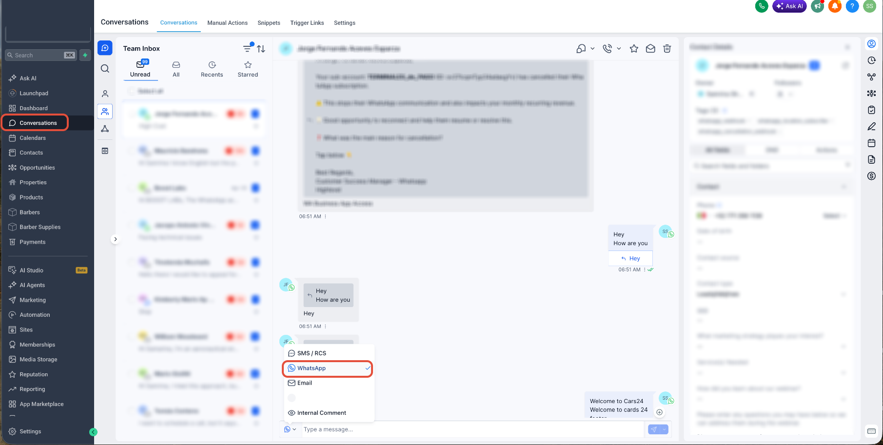 WhatsApp Calling – Step 1 Go to Conversations > open any contact > tap WhatsApp as the messaging channel.