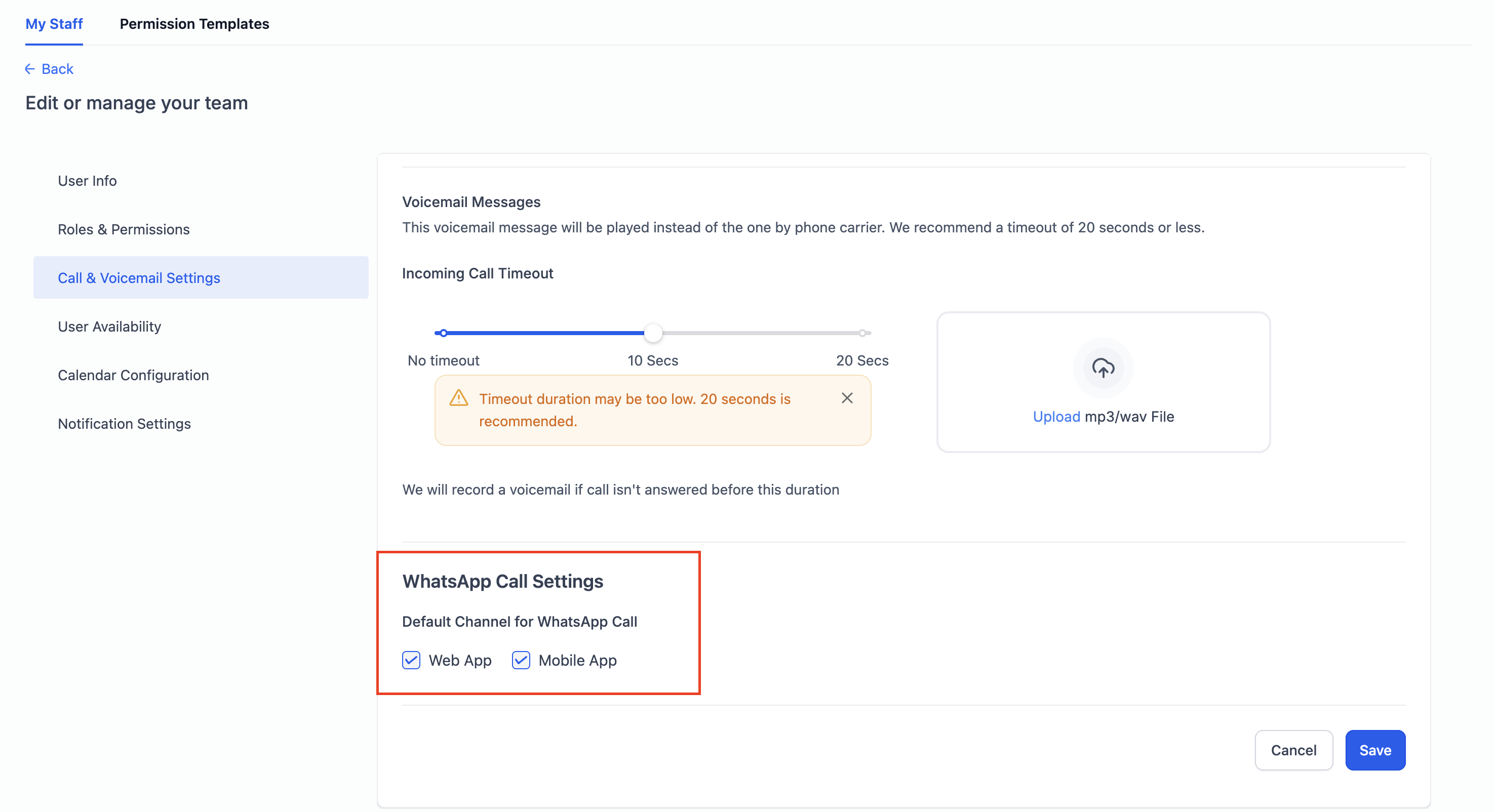 WhatsApp Calling – Step 4 Set Default Channel for WhatsApp Calls to either Mobile App or Web App.