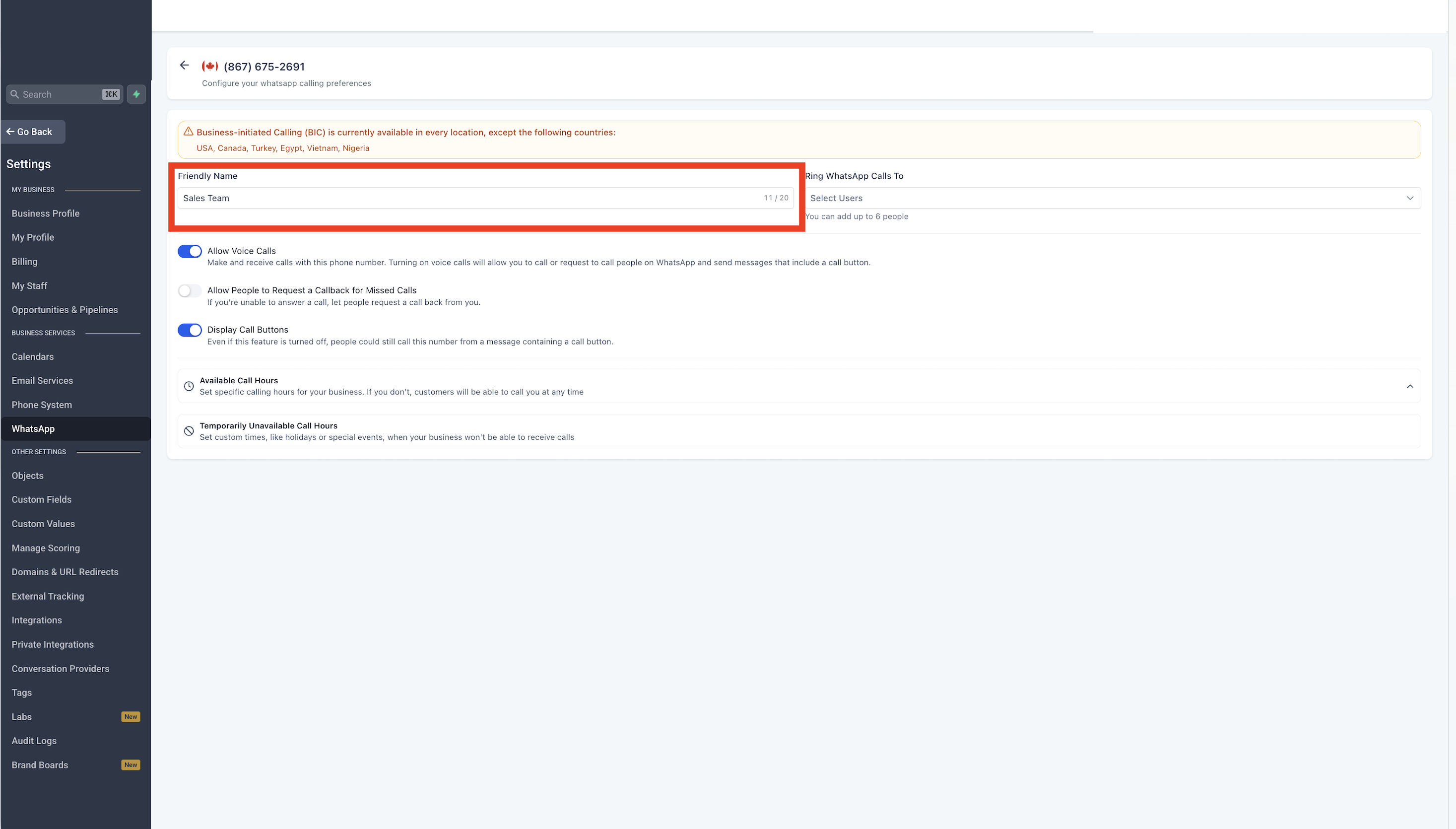 WhatsApp Calling – Step 5 Assign a friendly name (e.g., Sales Team) for easy identification across your workspace.