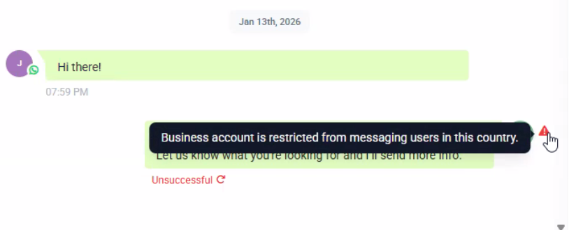 Whatsapp Error: Business account is restricted from messaging users in this country – “Business account is restricted from messaging users in this country.”