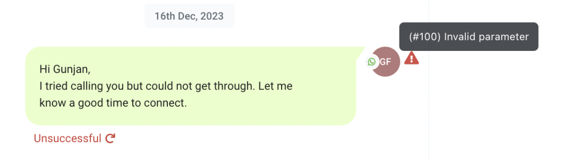 Whatsapp Error: Unable to send whats app text, due to invalid parameter error. – Screenshot 1