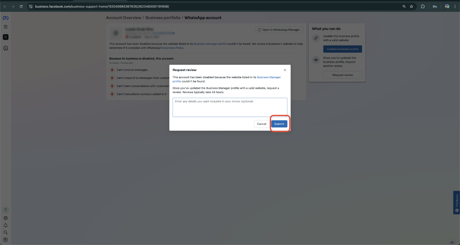 Whatsapp Error: Your WhatsApp Business account is locked. To unlock your account, visit Business Support Home – Step 3: Provide Required Documentation