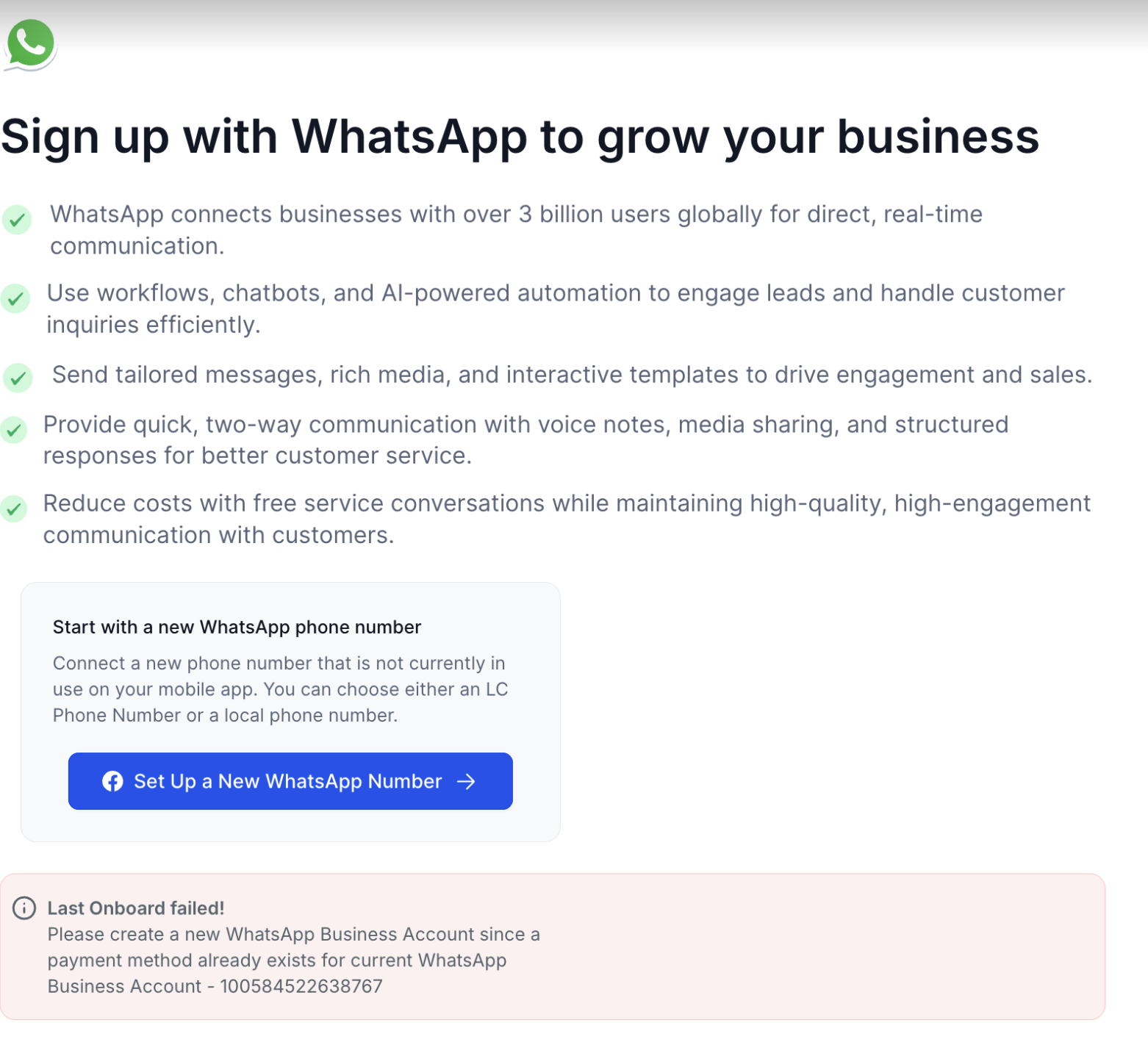 WhatsApp Onboarding Failure: “Please create a new WhatsApp Business Account since a payment method already exists for the current WhatsApp Business Account” – Screenshot