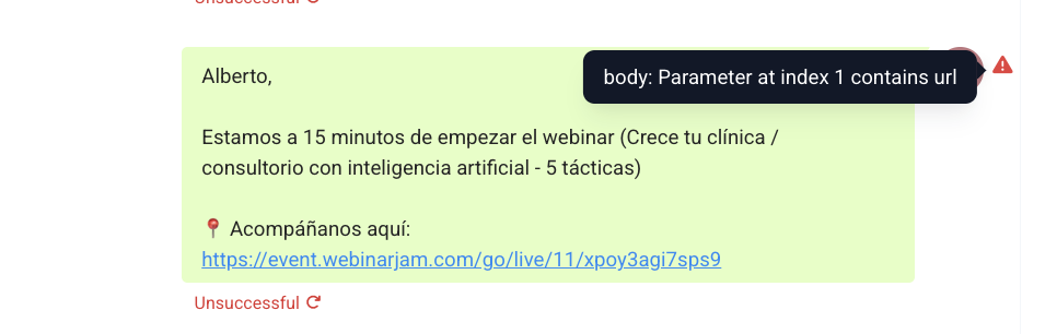 WhatsApp Template Error: “body: Parameter at index contains URL” – What this means