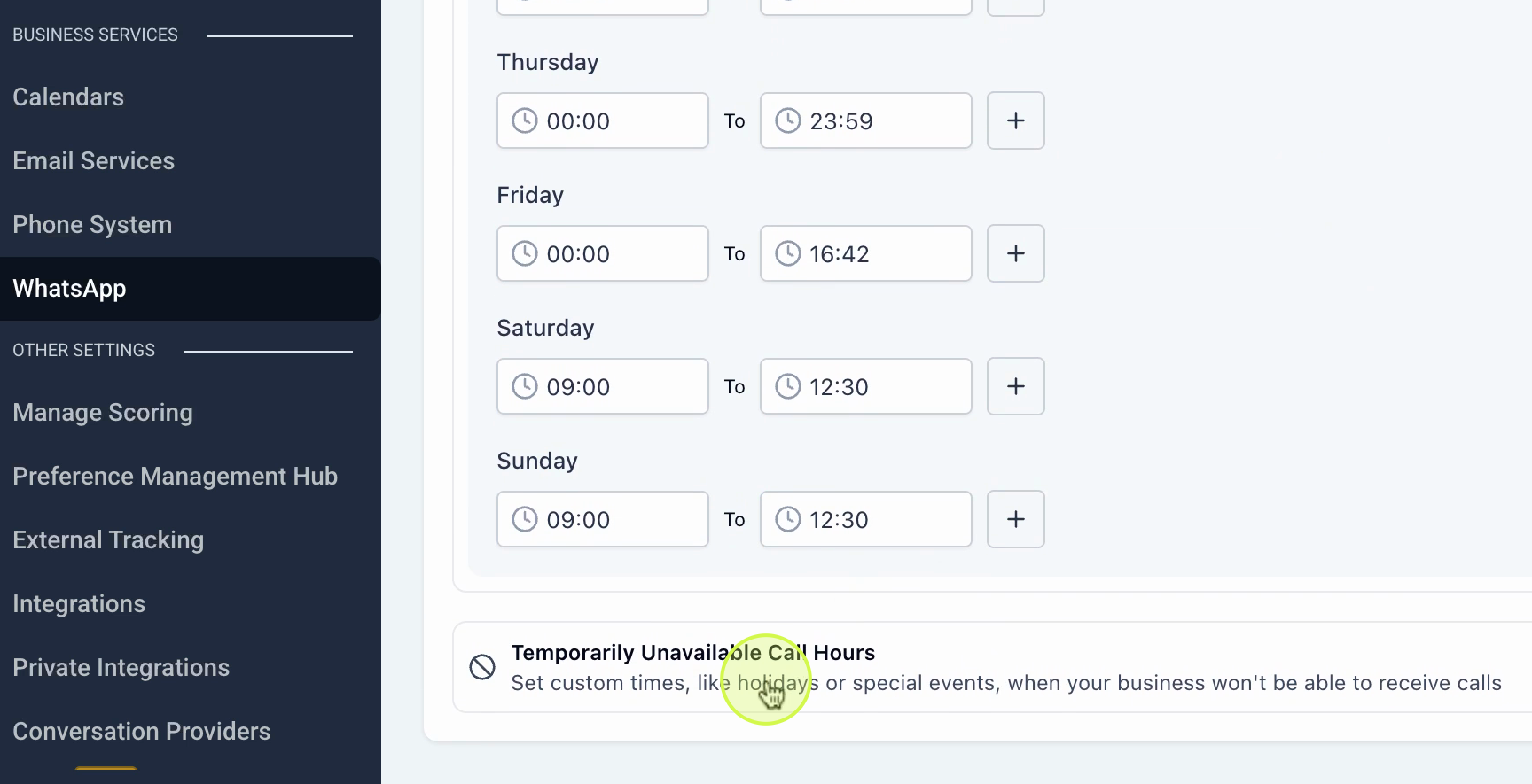 WhatsApp Voice Calling – Configuring available hours and temporarily unavailable hours