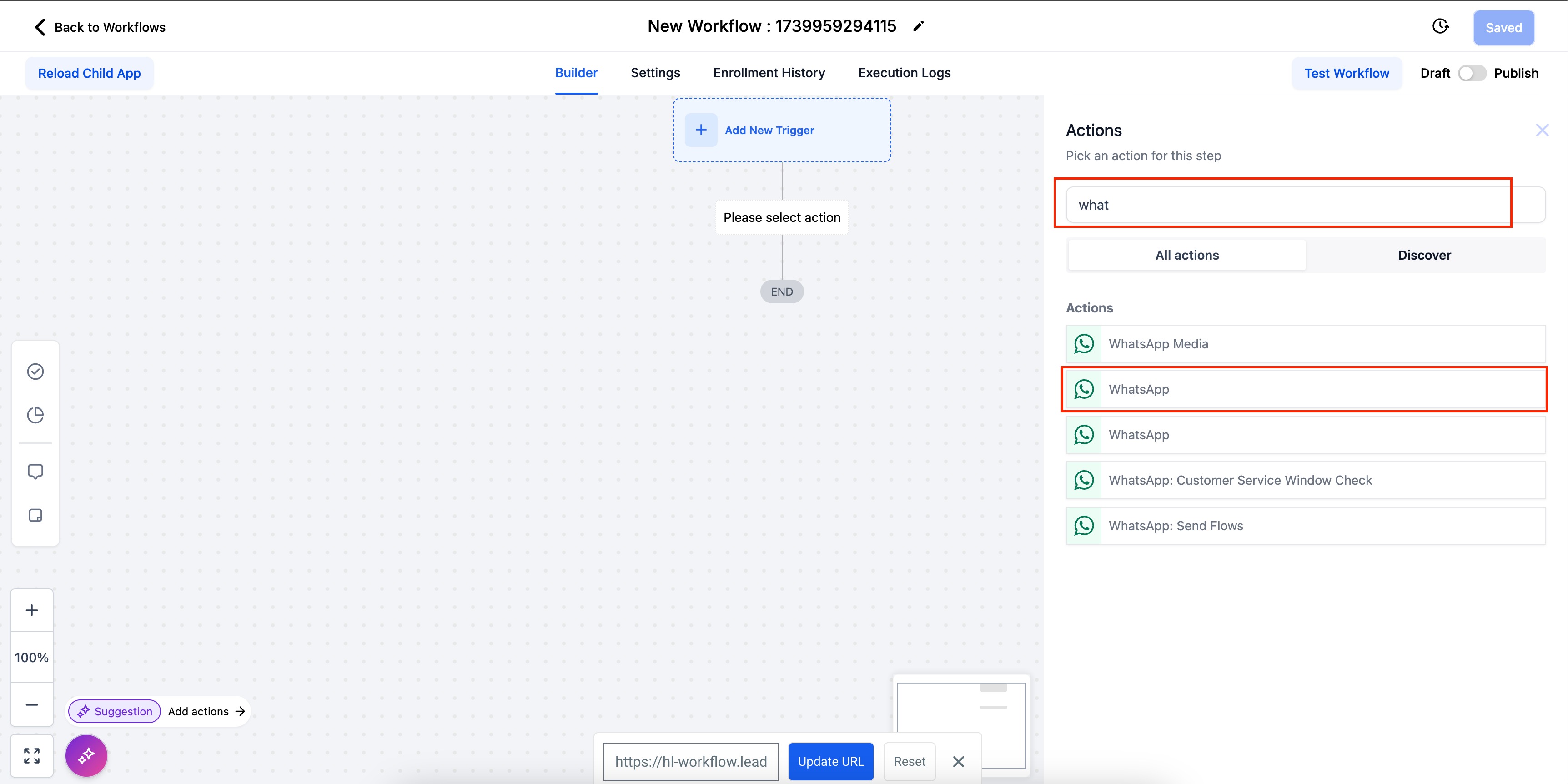 WhatsApp – Workflow Integration – Step 2: Select WhatsApp as the Action Type