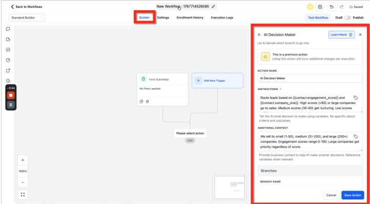 Workflow Action – AI Decision Maker – Use a clear Action Name to keep branching-heavy workflows organized.