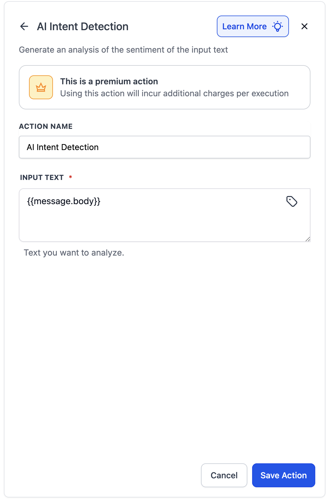 Workflow Action – AI Intent Detection – Step 2: Configure the Action