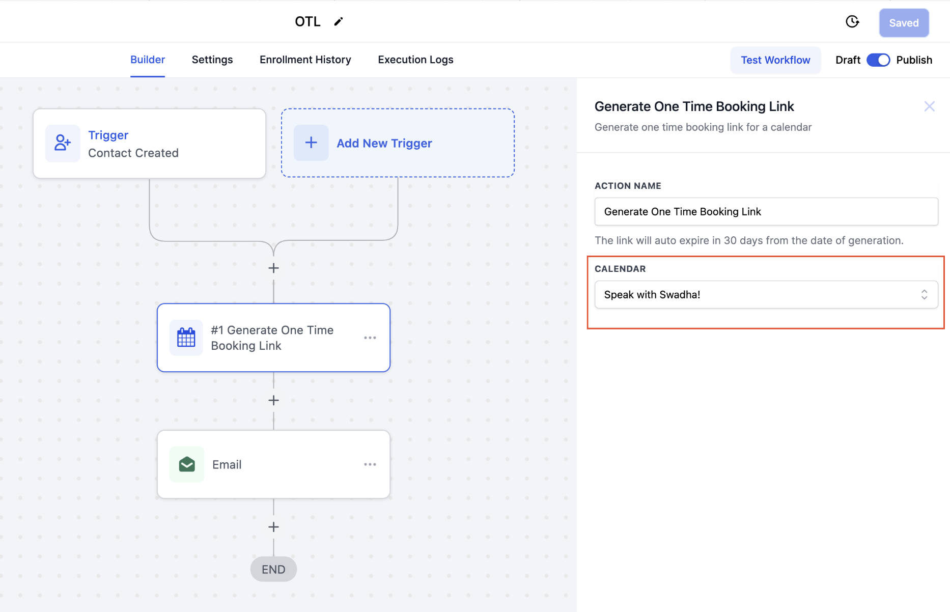 Workflow Action for Generating One Time Link – 3. Choose the calendar for which you want to generate the one-time link.