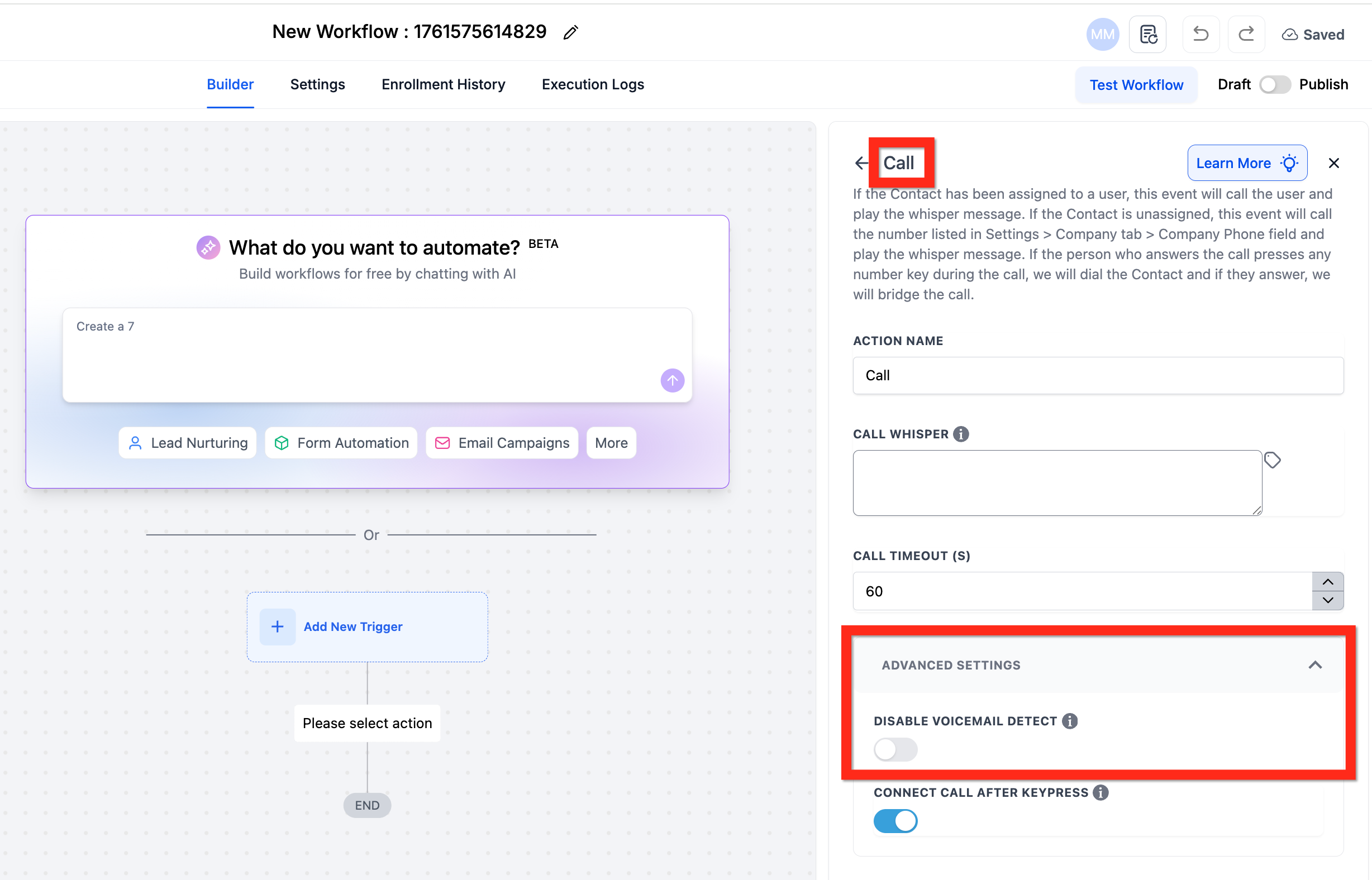 Workflow Setting Stop On Response & Call Action Disable Voicemail Detect – Disable Voicemail Detect
