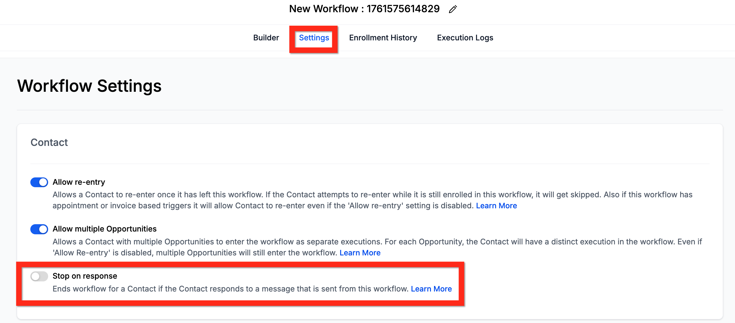 Workflow Setting Stop On Response & Call Action Disable Voicemail Detect – Stop on Response