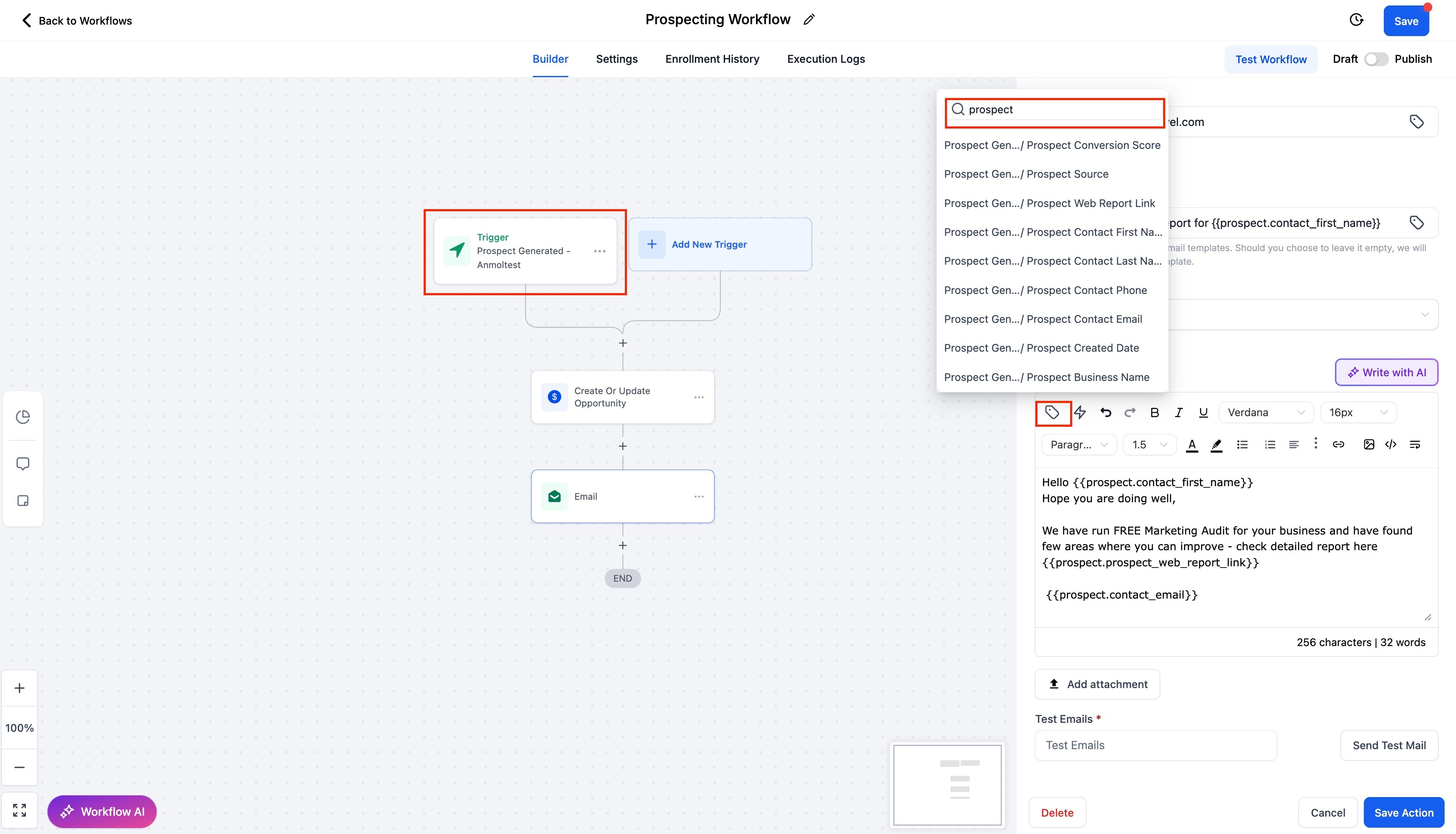 Workflow trigger for ‘New Prospects’ in the Prospecting Tool – Step 3: Mapping Prospect Details to Automated Actions