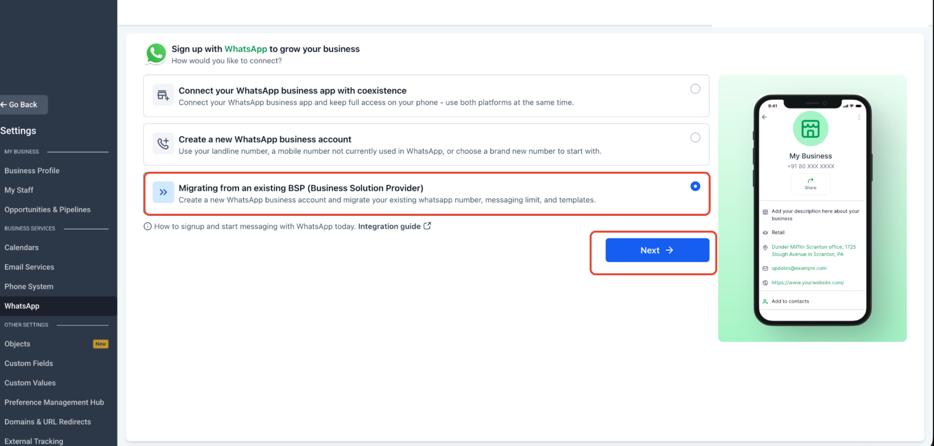 How to Enable WhatsApp in your account? – Navigate to Settings > WhatsApp and click Migrating from an existing BSP (Business Solution Provider).